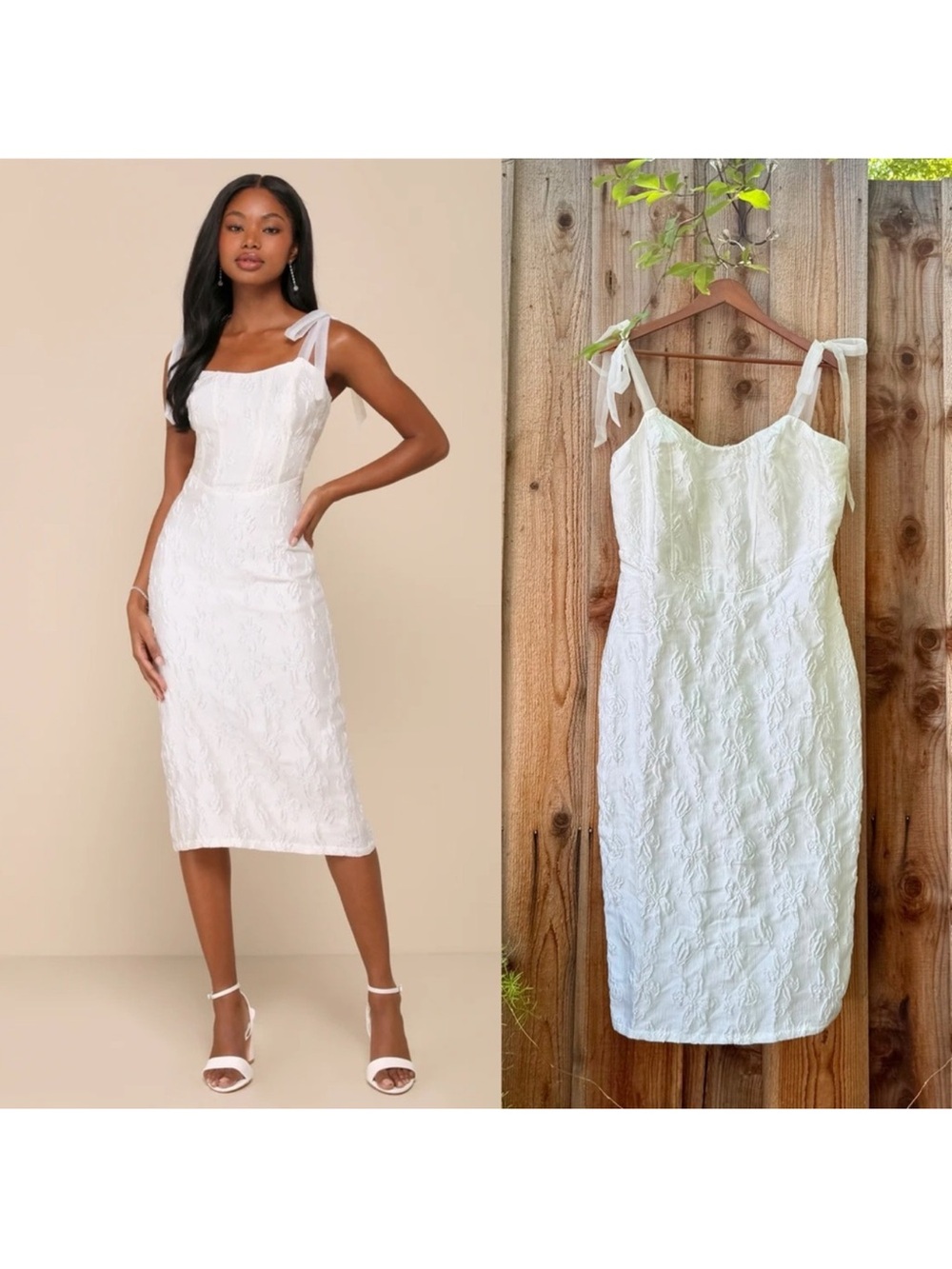 White Floral Jacquard Corset Tie-Strap Basque-Waist Midi Dress 🌿🪷